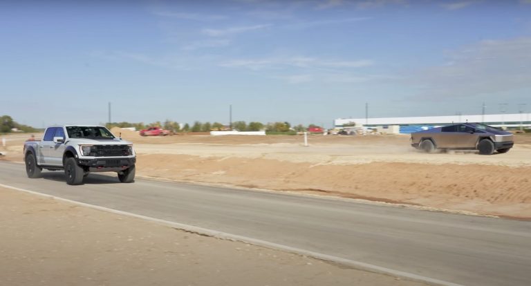 Tesla Cybertruck on dirt beats Ford F-150 Raptor R on pavement