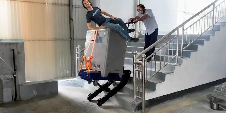 This cool electric hand truck with tank treads can climb stairs